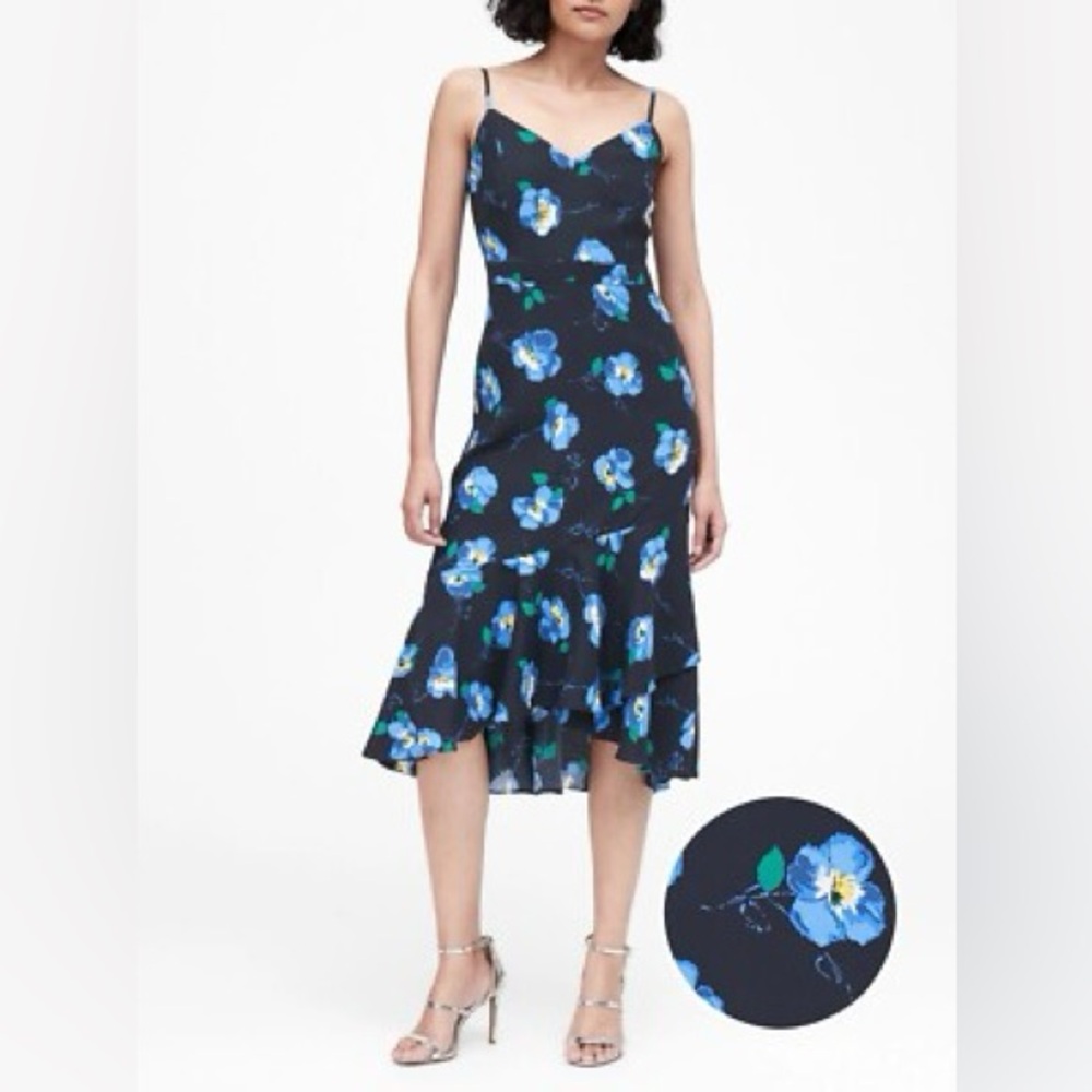 Banana Republic Navy Pansy Midi Sheath Spaghetti Straps Floral Dress Size 0P